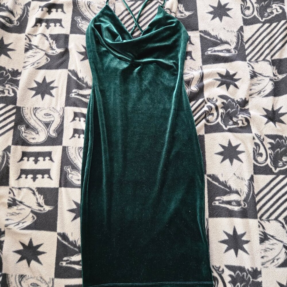 Lulus Green Velvet Strappy Midi Slip Dress Cowl Neck Size M